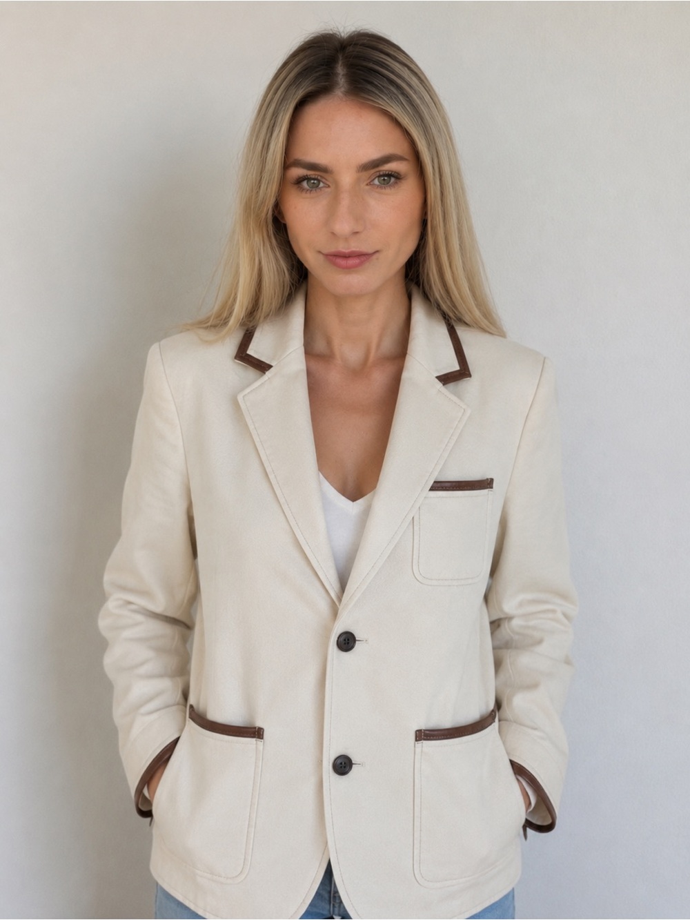 La Vie Cream Blazer Brown Trim Korean Boutique Jacket - one size S/M